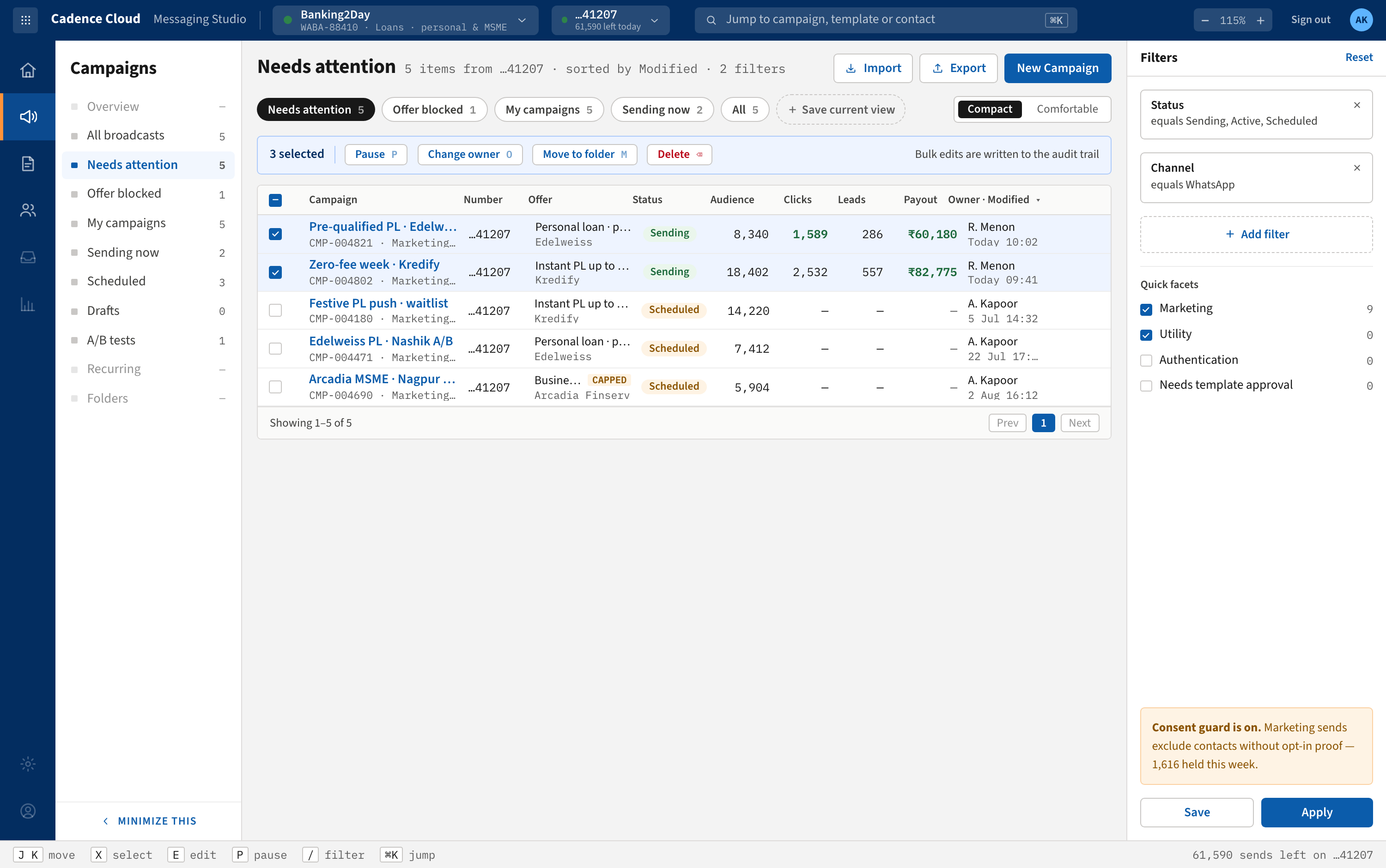The campaign list inside Cadence Cloud